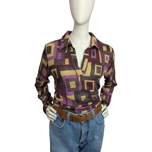 Vintage Y2K Metallic Geometric Knit Top | Purple & Mustard, Fits L/XL